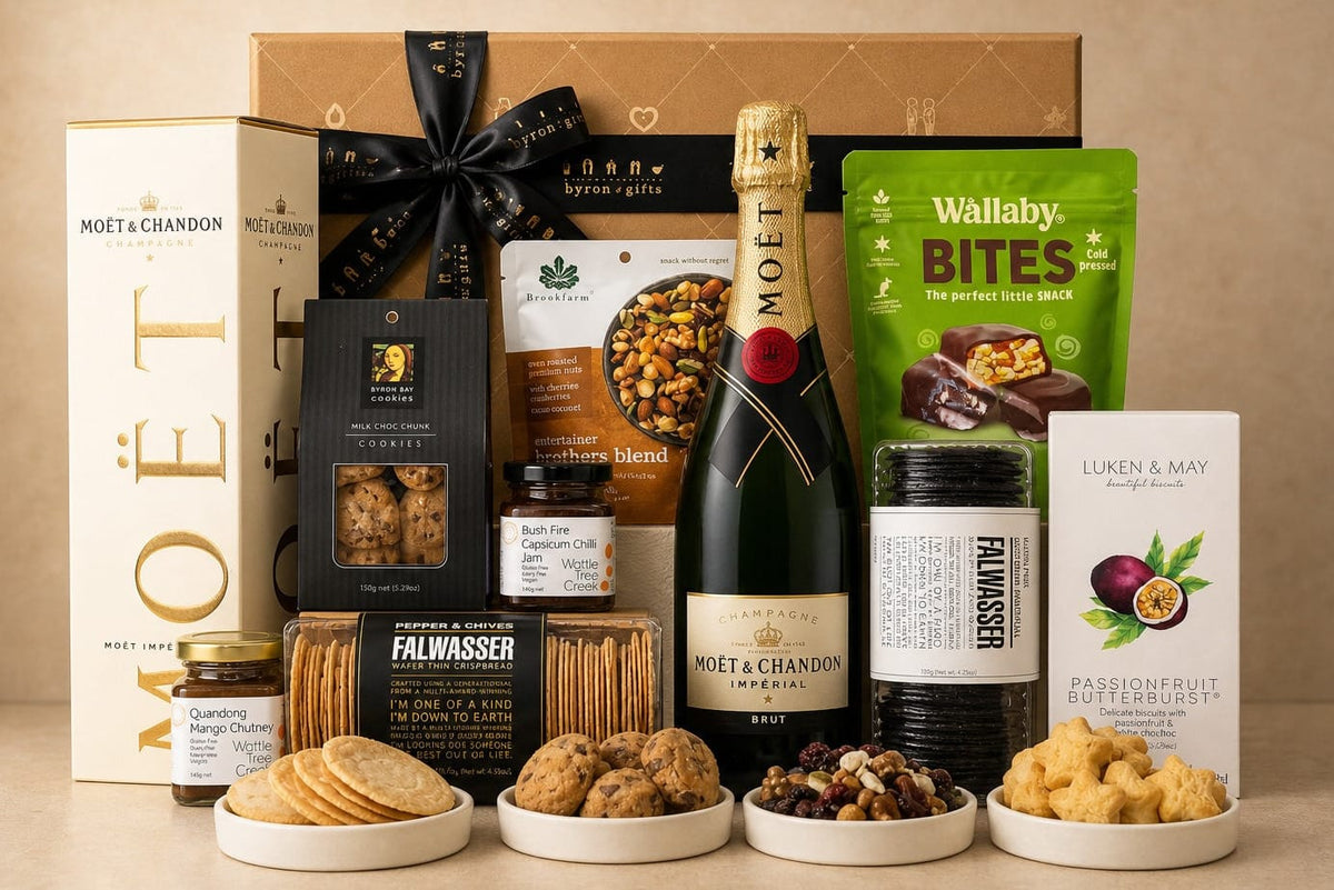 Moet Champagne and food items in front of Byron Bay Gifts gift box